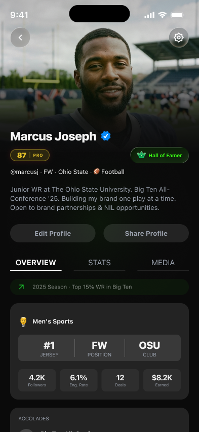 A verified athlete profile in the LockedIn app